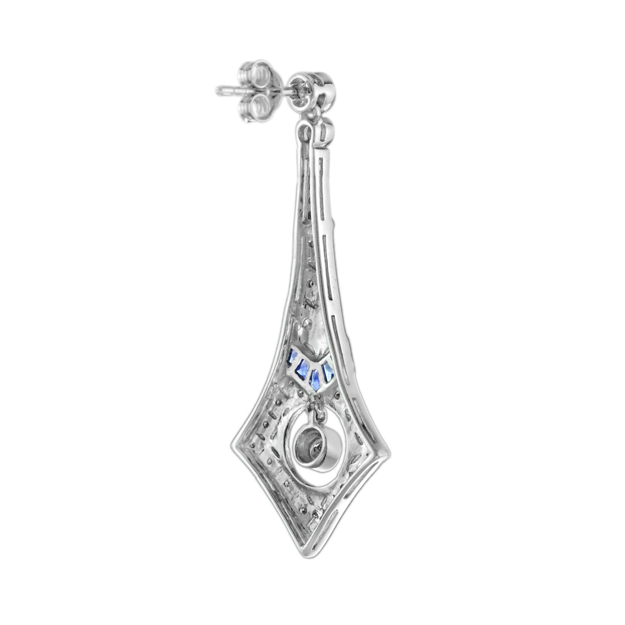 Diamond and Sapphire Art Deco Style Drop Earrings in 18K White Gold In New Condition For Sale In Bangkok, TH