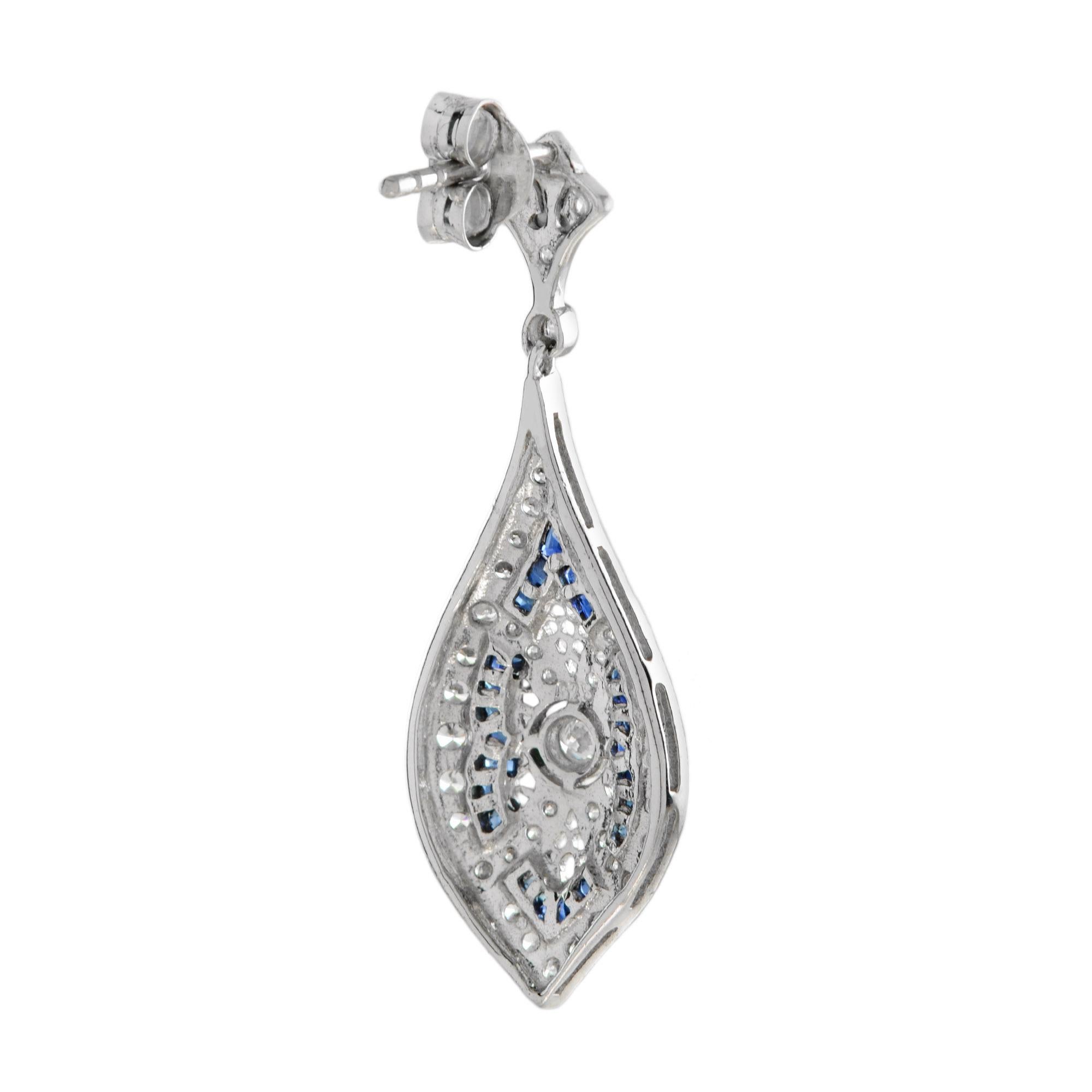 Round Cut Diamond and Sapphire Art Deco Style Drop  Earrings in 18K White Gold For Sale