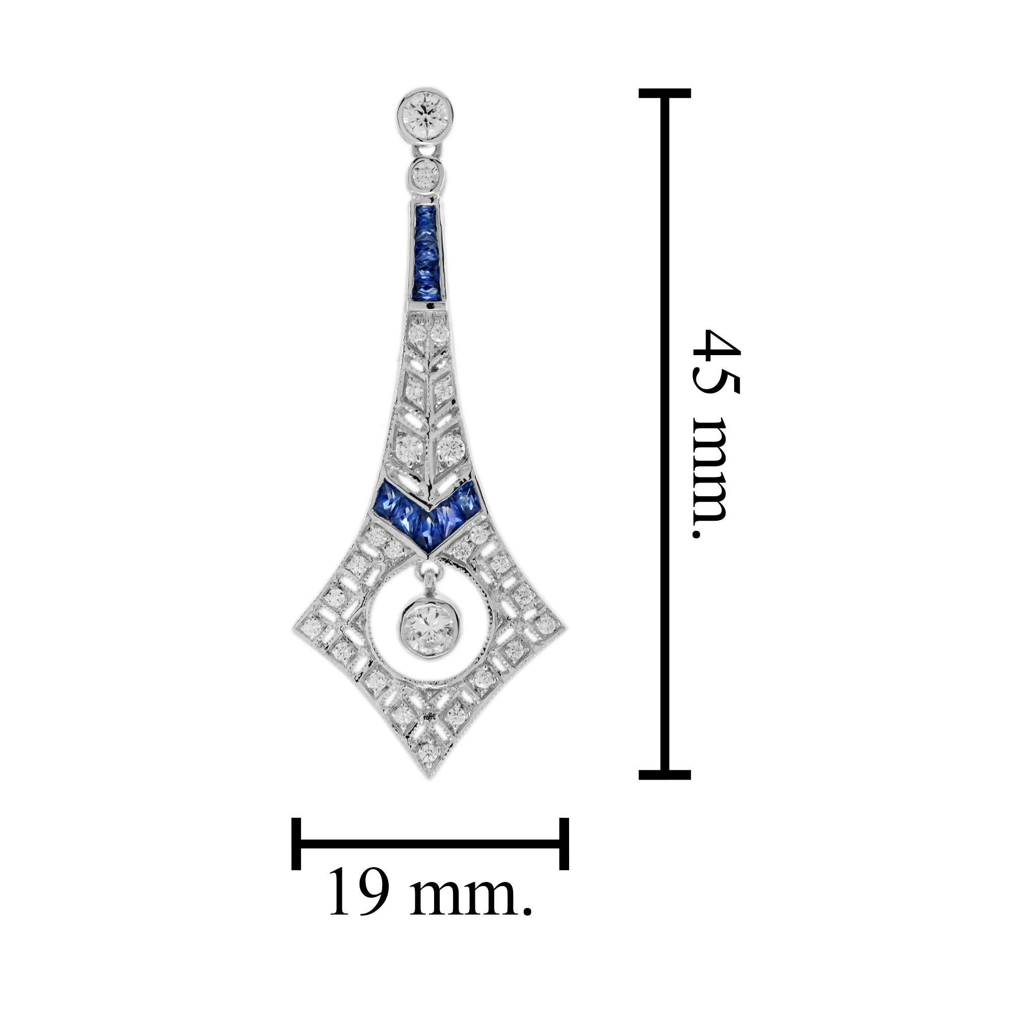 Women's Diamond and Sapphire Art Deco Style Drop Earrings in 18K White Gold For Sale