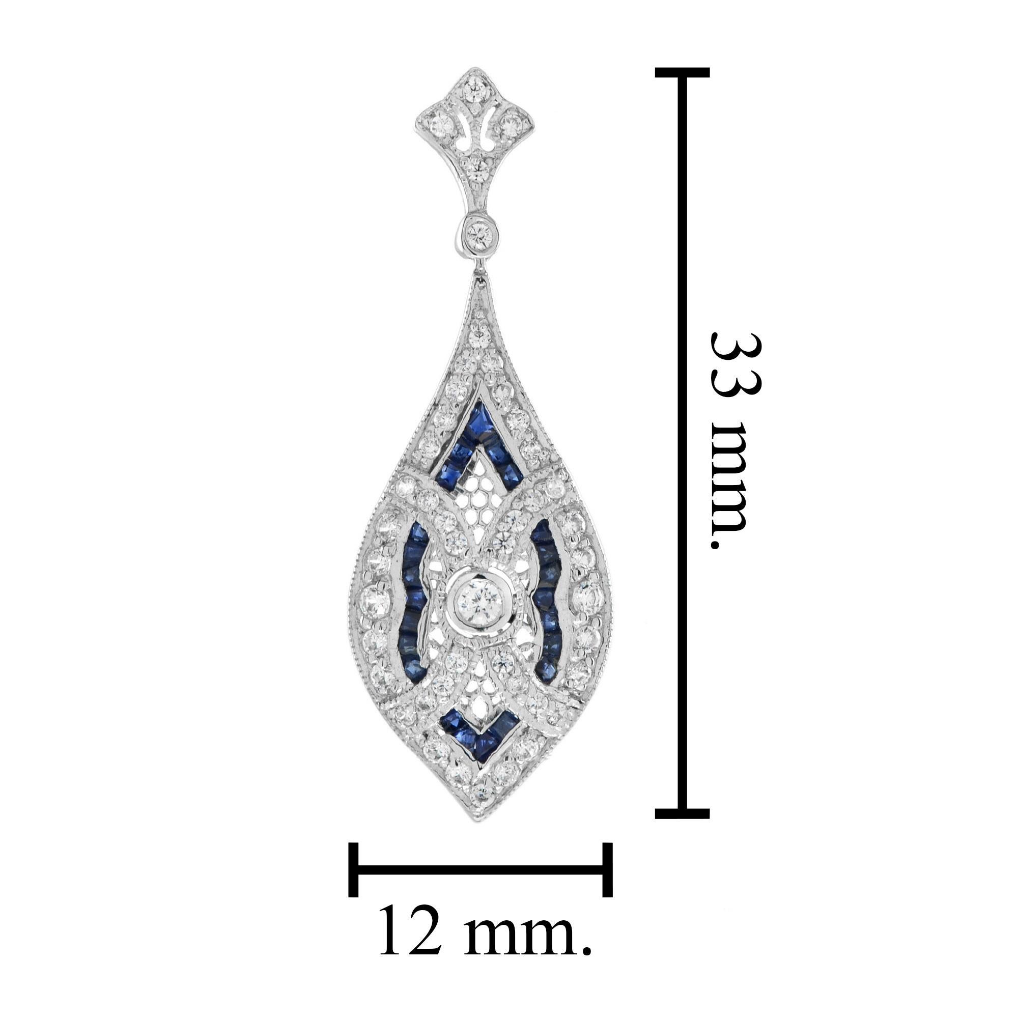 Diamond and Sapphire Art Deco Style Drop  Earrings in 18K White Gold In New Condition For Sale In Bangkok, TH