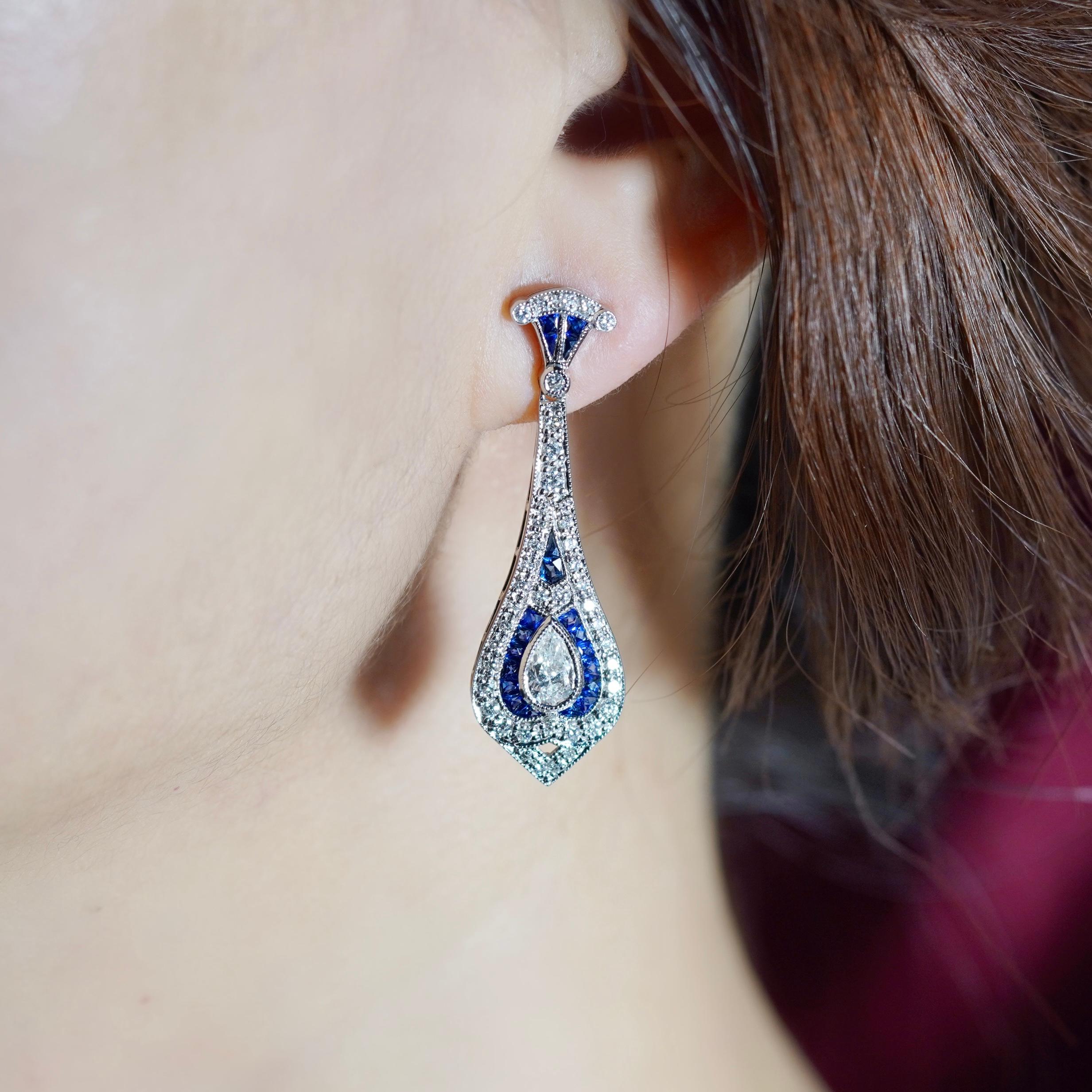Women's Diamond and Sapphire Art Deco Style Drop Earrings in 18K White Gold For Sale