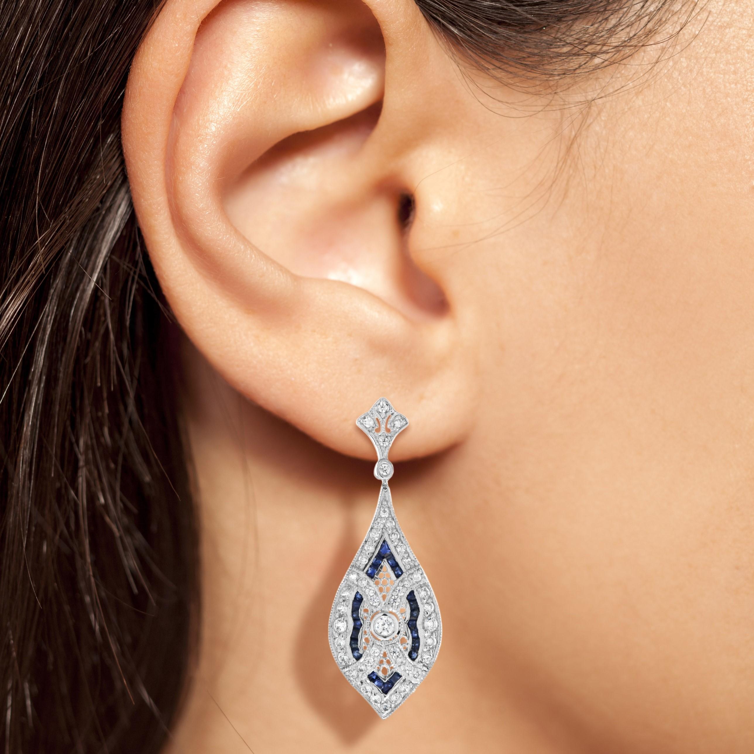 Women's Diamond and Sapphire Art Deco Style Drop  Earrings in 18K White Gold For Sale