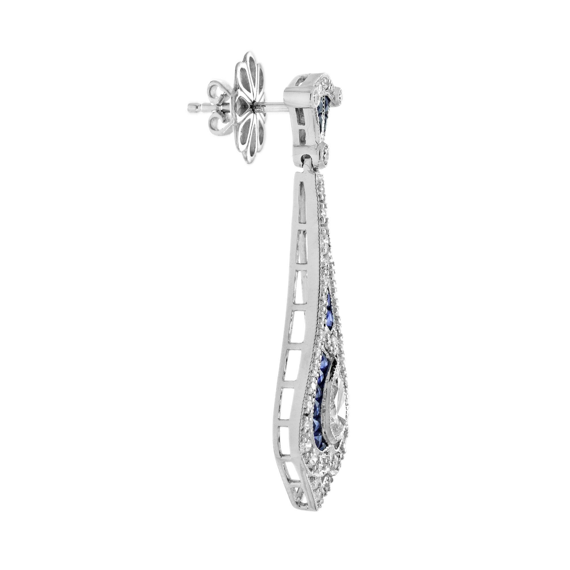 Diamond and Sapphire Art Deco Style Drop Earrings in 18K White Gold For Sale 1