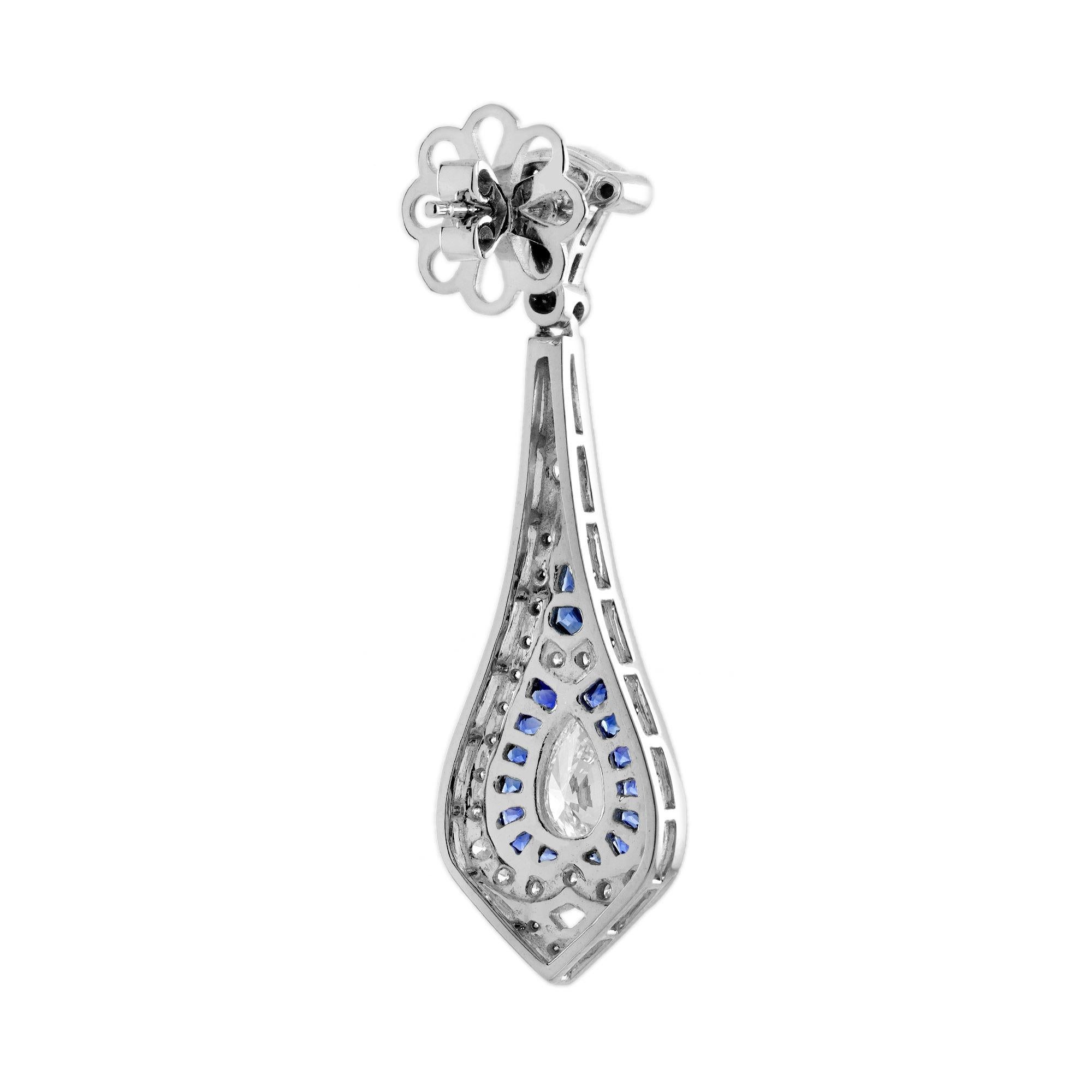 Diamond and Sapphire Art Deco Style Drop Earrings in 18K White Gold For Sale 2