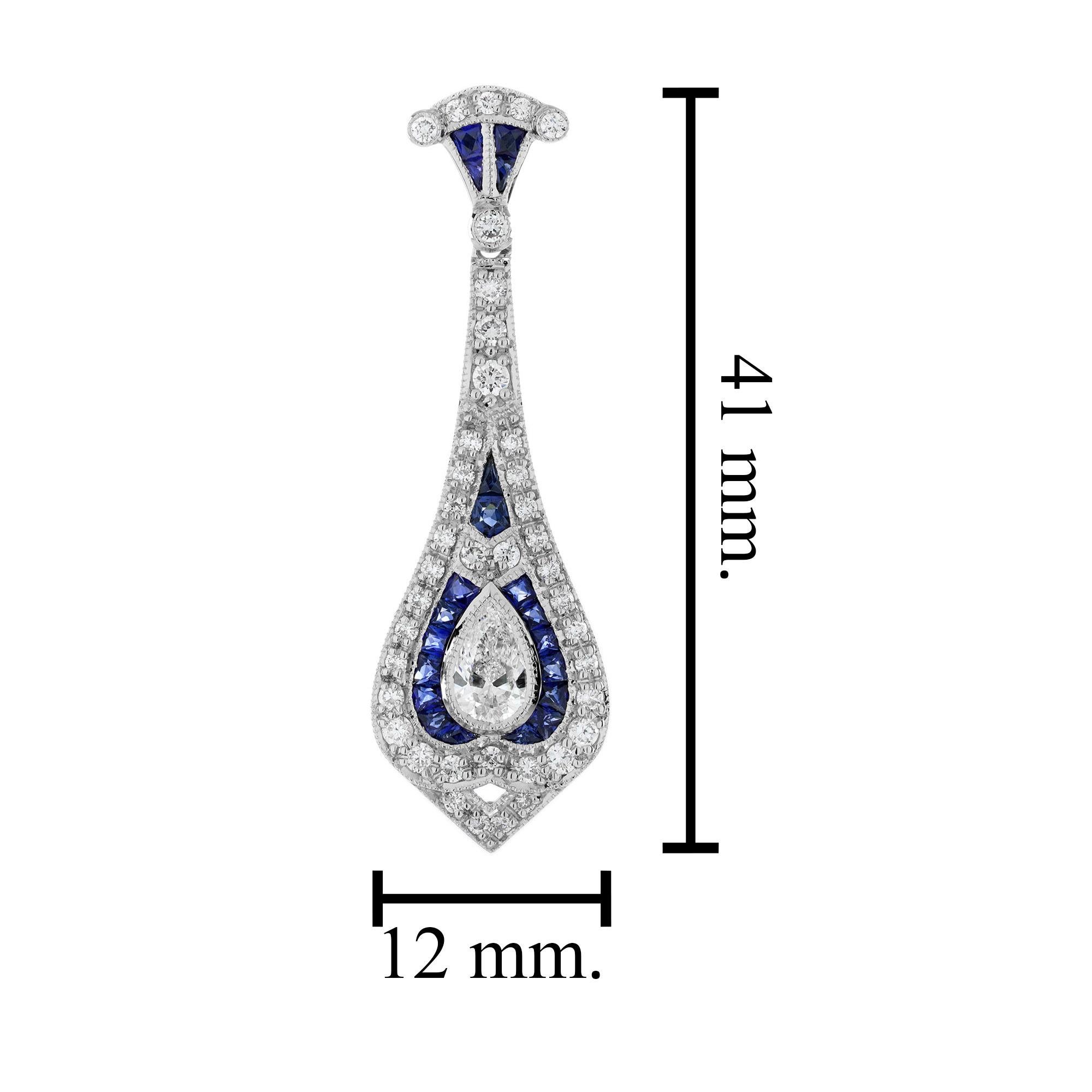 Diamond and Sapphire Art Deco Style Drop Earrings in 18K White Gold For Sale 3