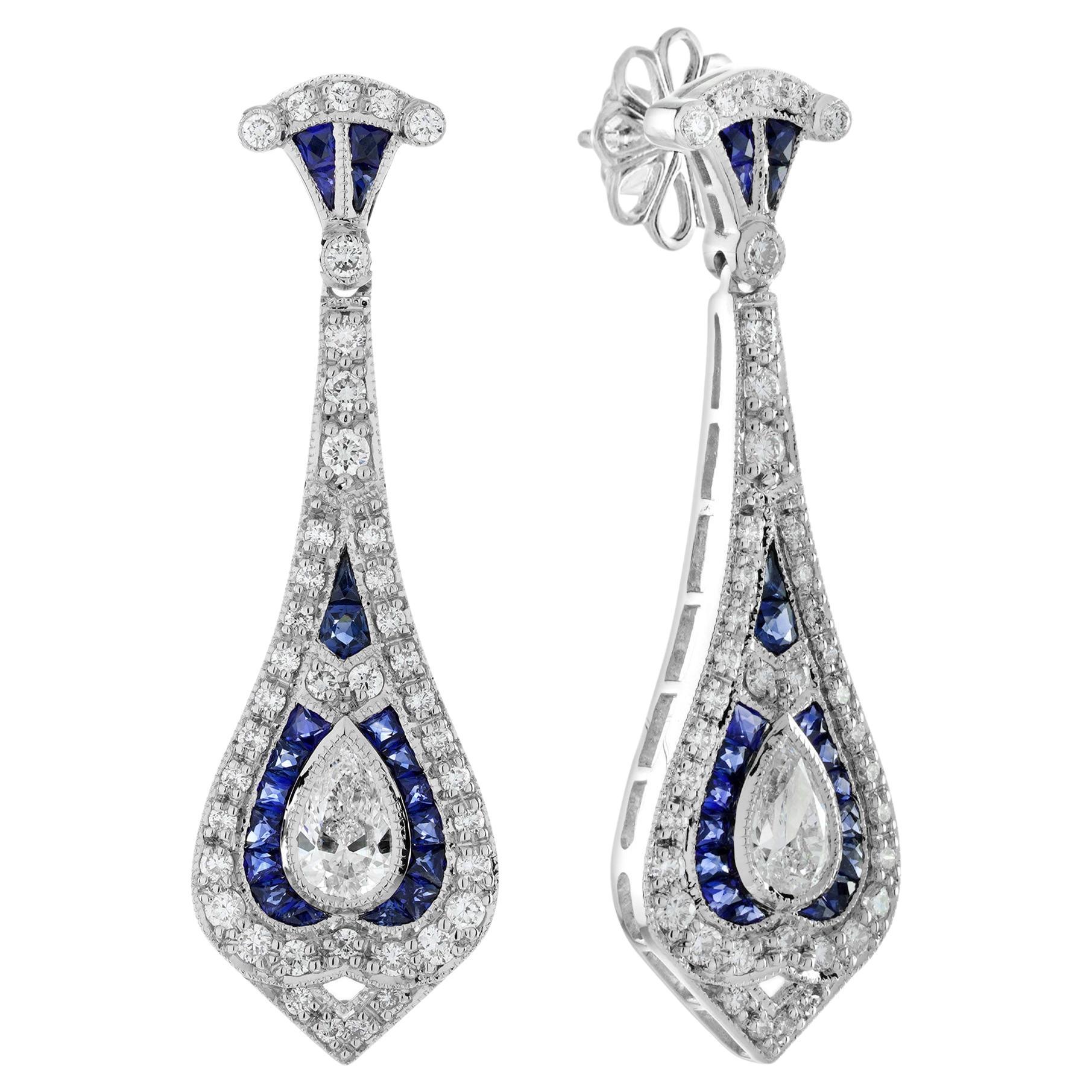 Diamant- und Saphir-Tropfenohrringe im Art-déco-Stil aus 18 Karat Weißgold