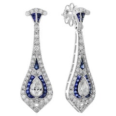Boucles d'oreilles pendantes en or blanc 18 carats avec diamants et saphirs de style Art Déco