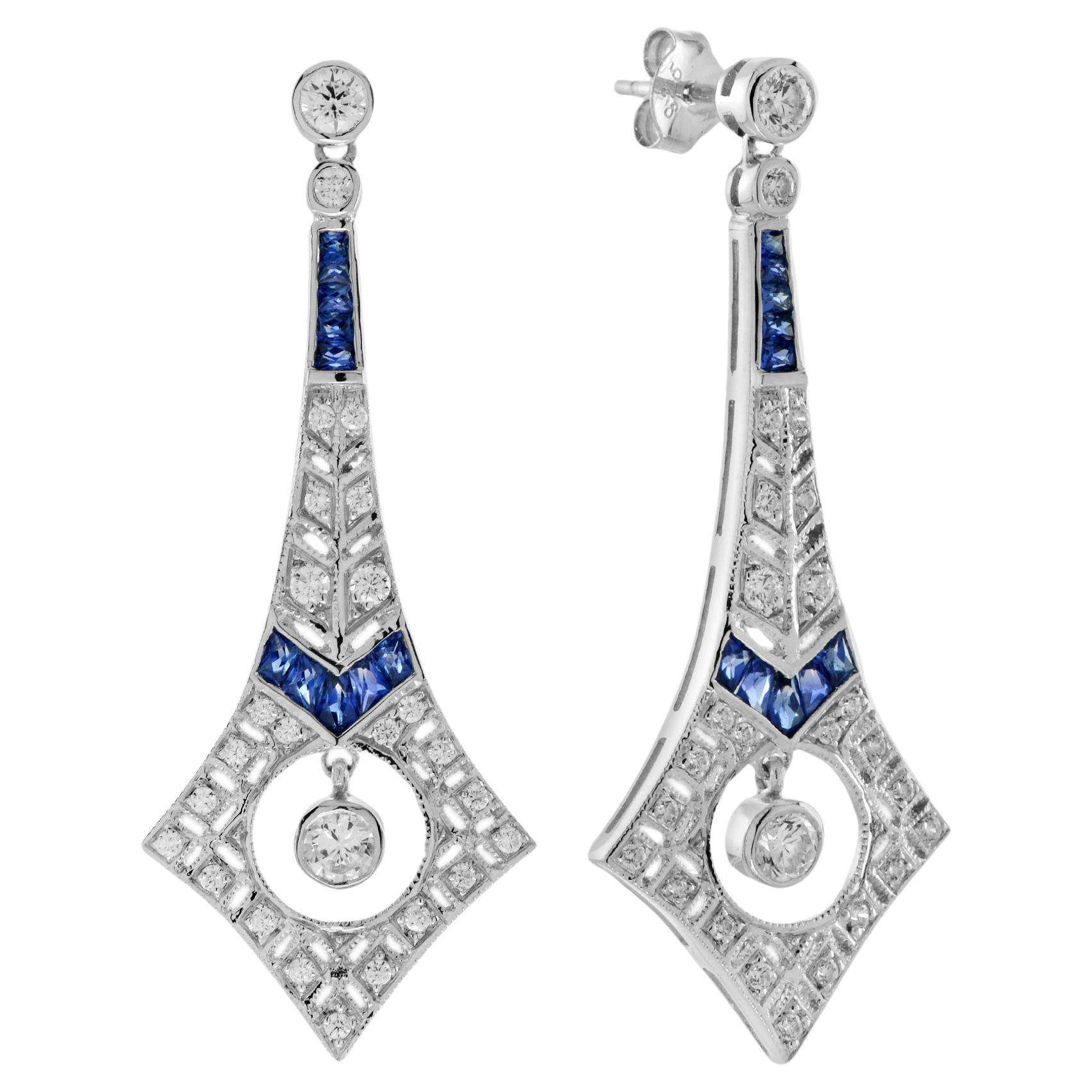 Diamond and Sapphire Art Deco Style Drop Earrings in 18K White Gold