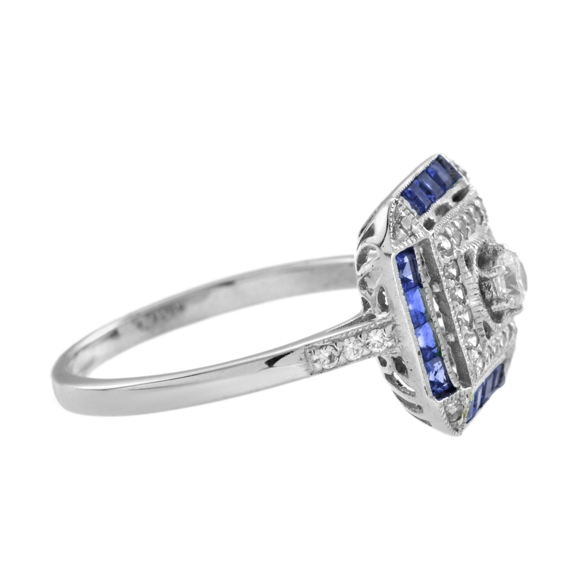 For Sale:  Diamond and Sapphire Art Deco Style Engagement Ring in 14K White Gold 3