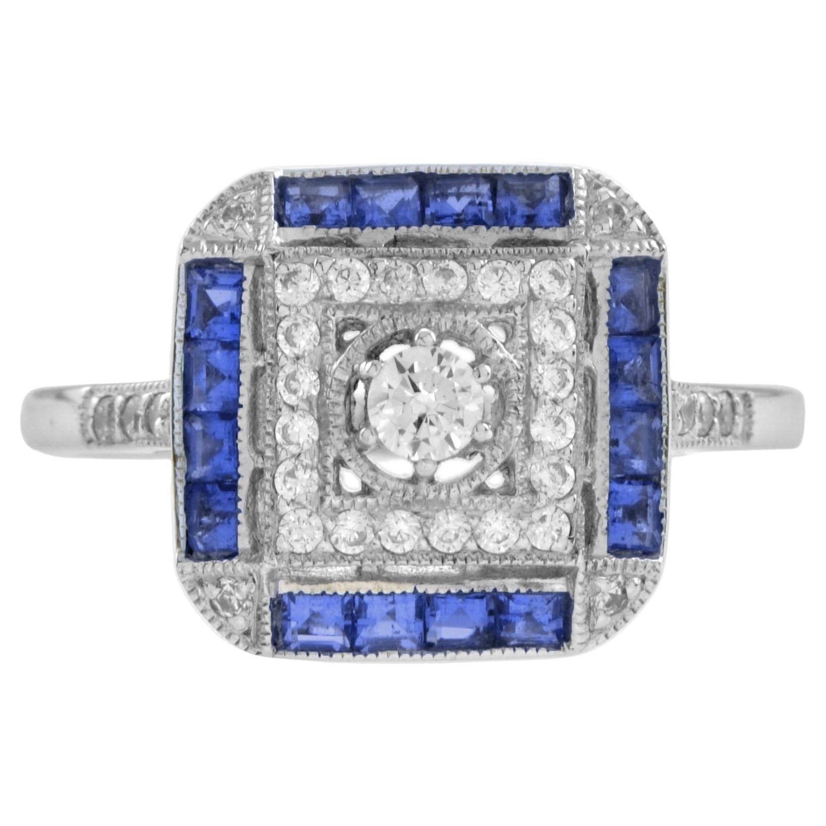 For Sale:  Diamond and Sapphire Art Deco Style Engagement Ring in 14K White Gold