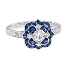 Diamond and Sapphire Art Deco Style Engagement Ring in 18K White Gold