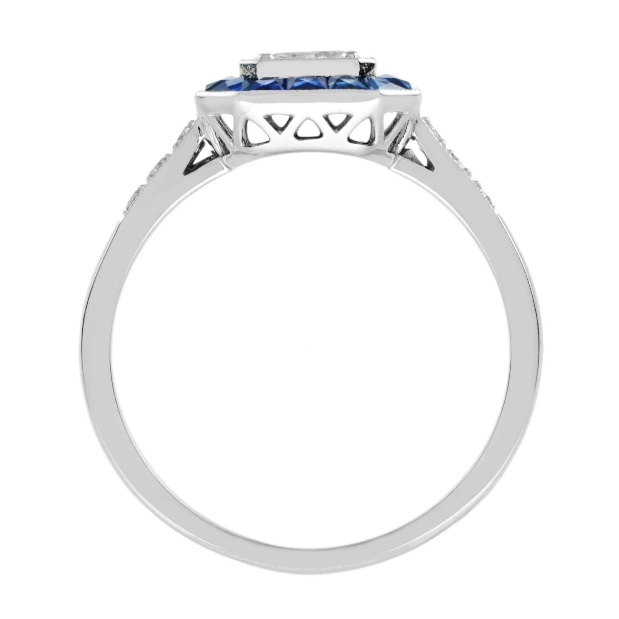 Women's Diamond and Sapphire Art Deco Style Engagement Ring in 18K White Gold For Sale