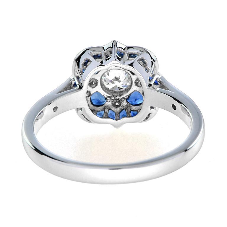 Anello di fidanzamento in stile Art Deco con diamanti e zaffiri in oro bianco 18 carati In condizioni Nuovo in vendita a Bangkok, TH