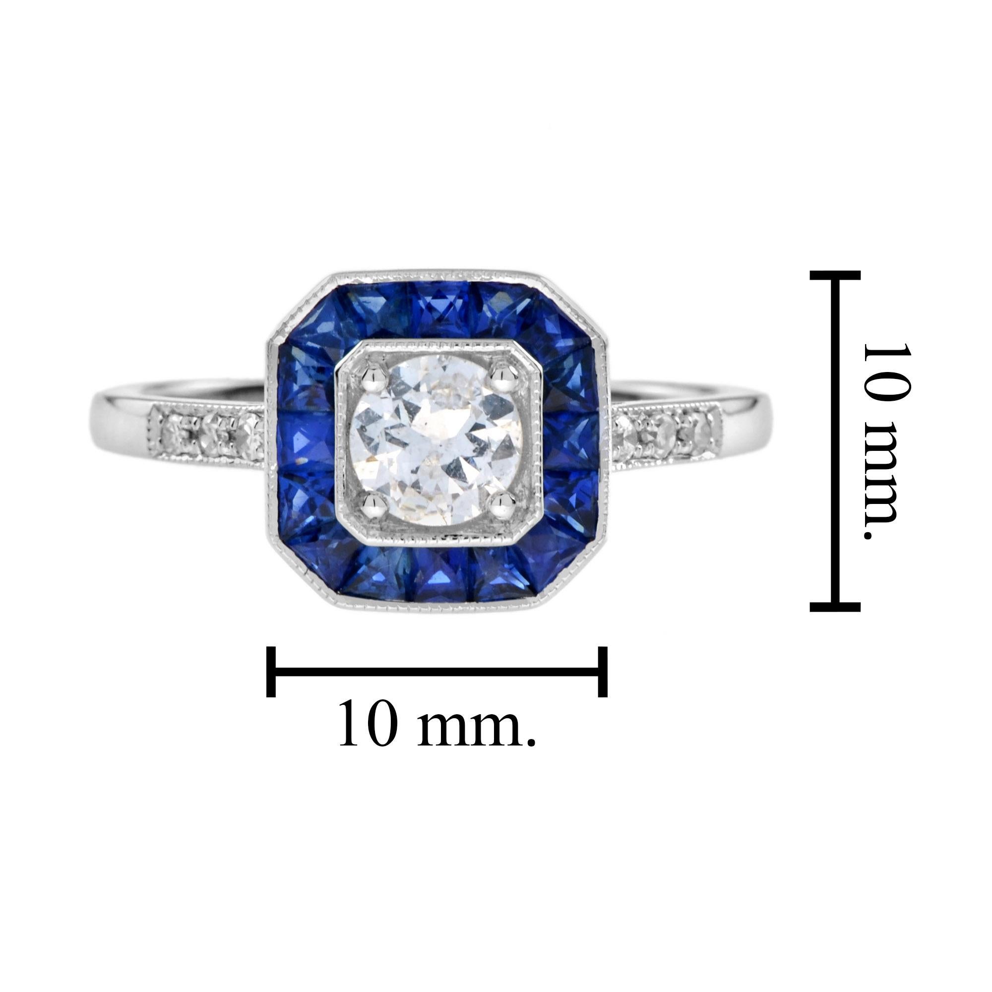 Diamond and Sapphire Art Deco Style Engagement Ring in 18K White Gold For Sale 1