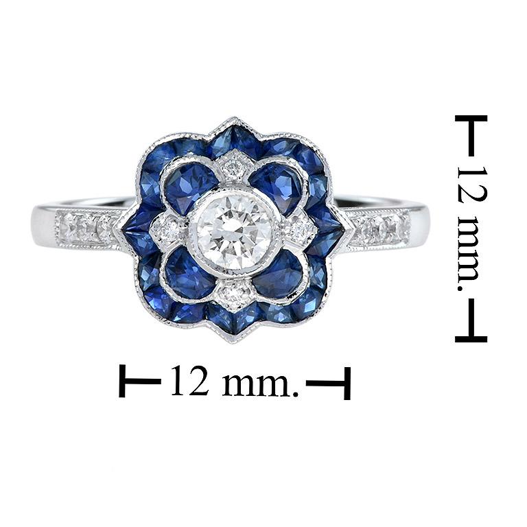 Anello di fidanzamento in stile Art Deco con diamanti e zaffiri in oro bianco 18 carati in vendita 1