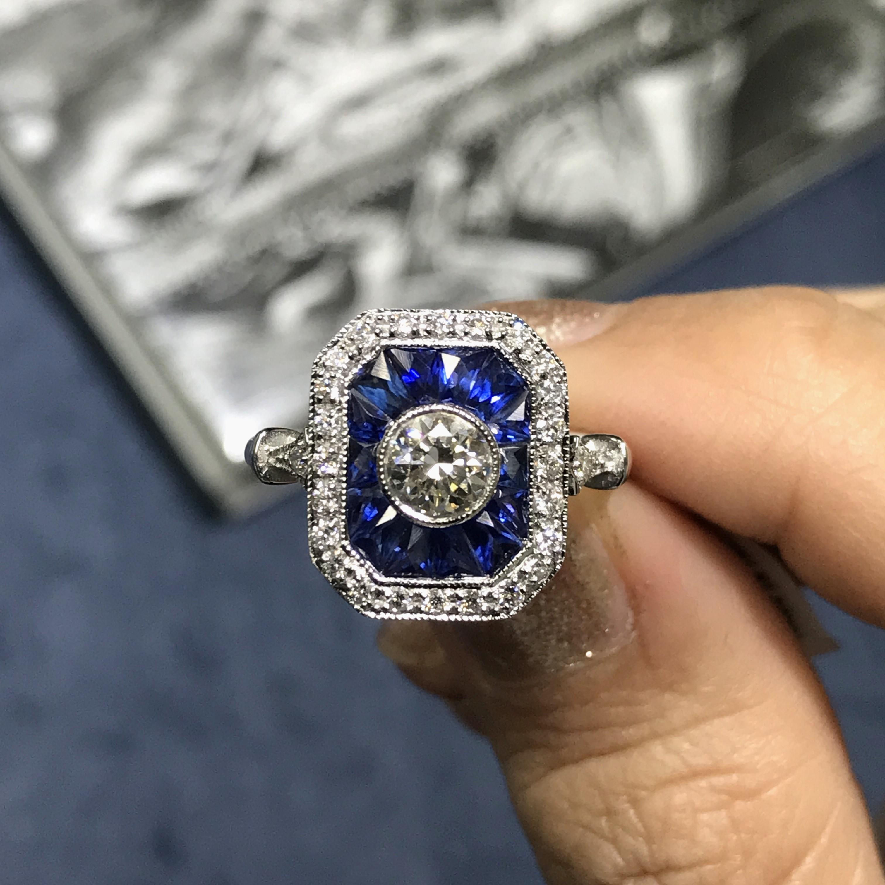 For Sale:  Diamond and Sapphire Art Deco Style Engagement Ring in 18k White Gold 2
