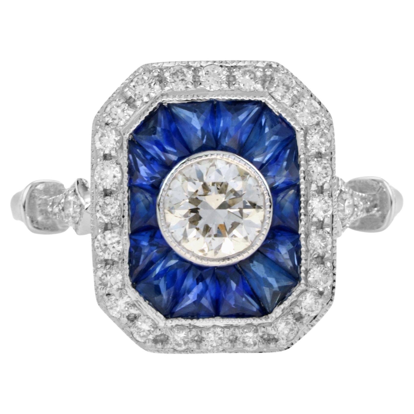 For Sale:  Diamond and Sapphire Art Deco Style Engagement Ring in 18k White Gold