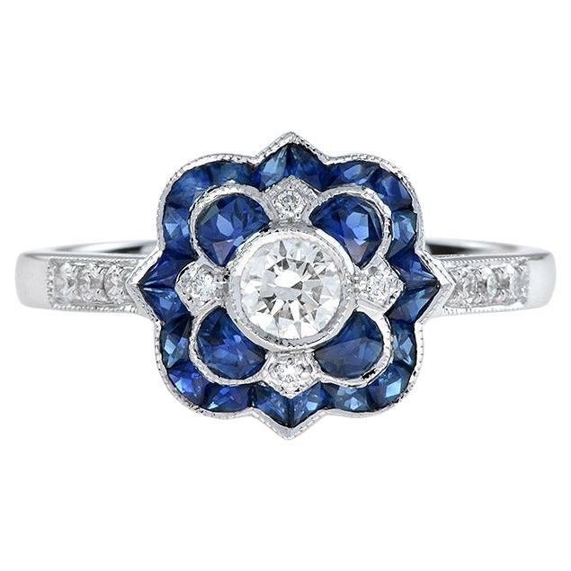 Anello di fidanzamento in stile Art Deco con diamanti e zaffiri in oro bianco 18 carati