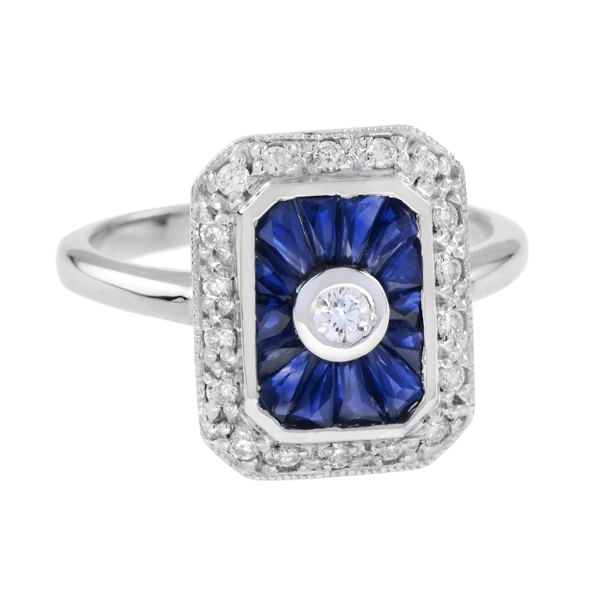 Round Cut Diamond and Sapphire Art Deco Style Engagement Ring in 9K White Gold