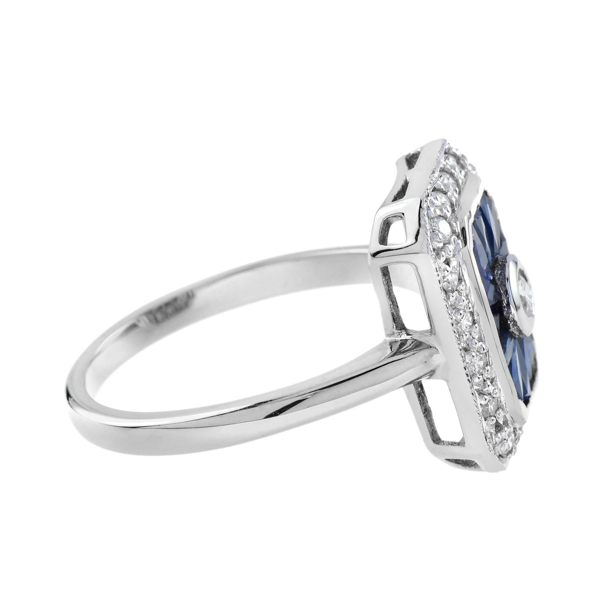 Diamond and Sapphire Art Deco Style Engagement Ring in 9K White Gold In New Condition In Bangkok, TH