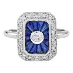 Verlobungsring aus 9 Karat Weißgold mit Diamanten und Saphiren im Art-déco-Stil