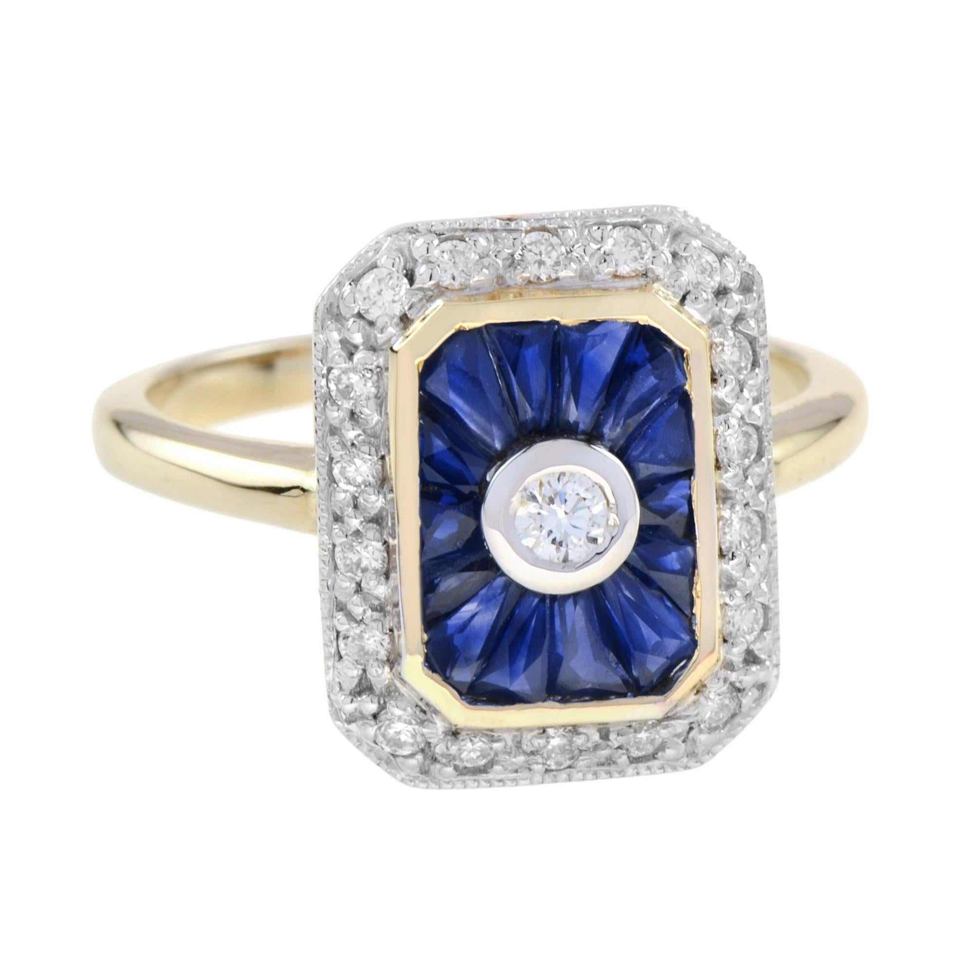 Ein absolut atemberaubender Ring mit Diamanten und blauen Saphiren, inspiriert vom Art Deco, mit blauen Saphiren im französischen Schliff, die einen zentralen runden Diamanten wie ein Wasserbecken in einem Springbrunnen umgeben. Das Funkeln setzt