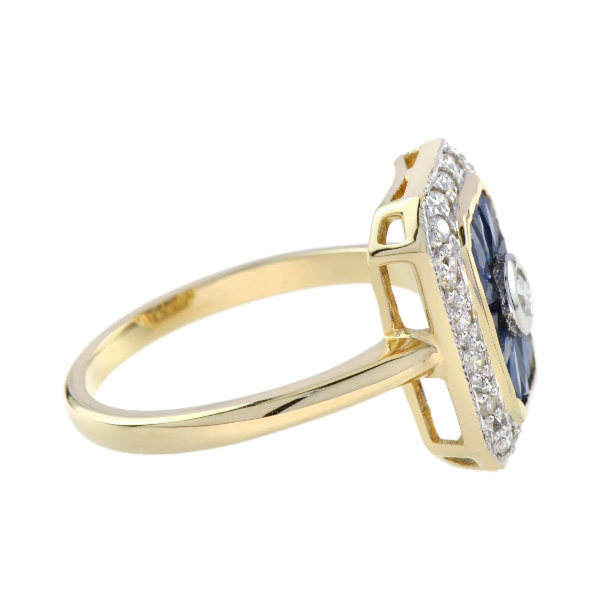 Verlobungsring aus 9 Karat Gelbgold mit Diamanten und Saphiren im Art-déco-Stil (Art déco) im Angebot