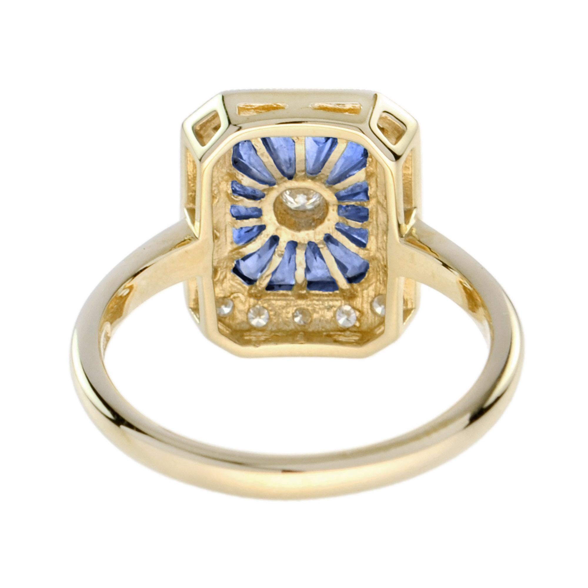 Verlobungsring aus 9 Karat Gelbgold mit Diamanten und Saphiren im Art-déco-Stil (Rundschliff) im Angebot