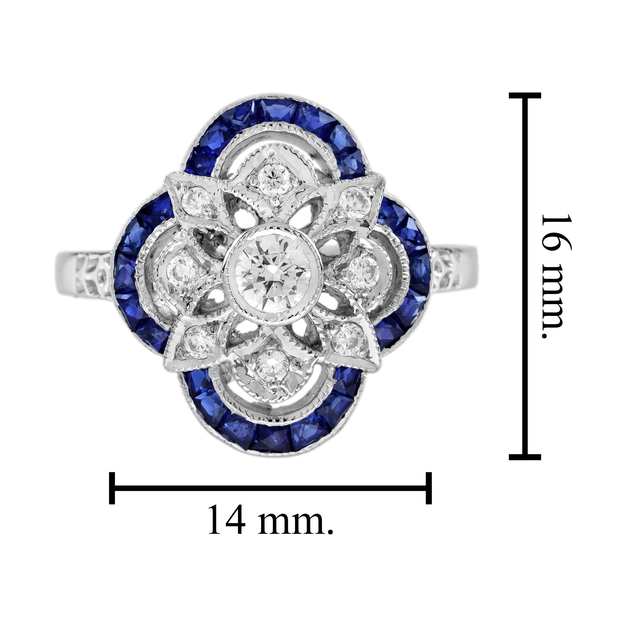 Anello floreale in stile Art Déco con diamanti e zaffiri in oro bianco 14 carati in vendita 5