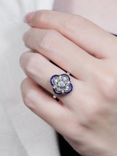 Diamond and Sapphire Art Deco Style Floral Ring in 14K White Gold