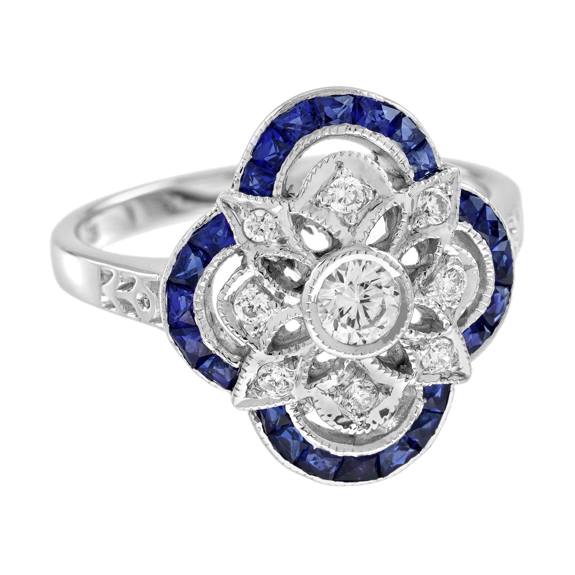 Anello floreale in stile Art Déco con diamanti e zaffiri in oro bianco 14 carati in vendita 1