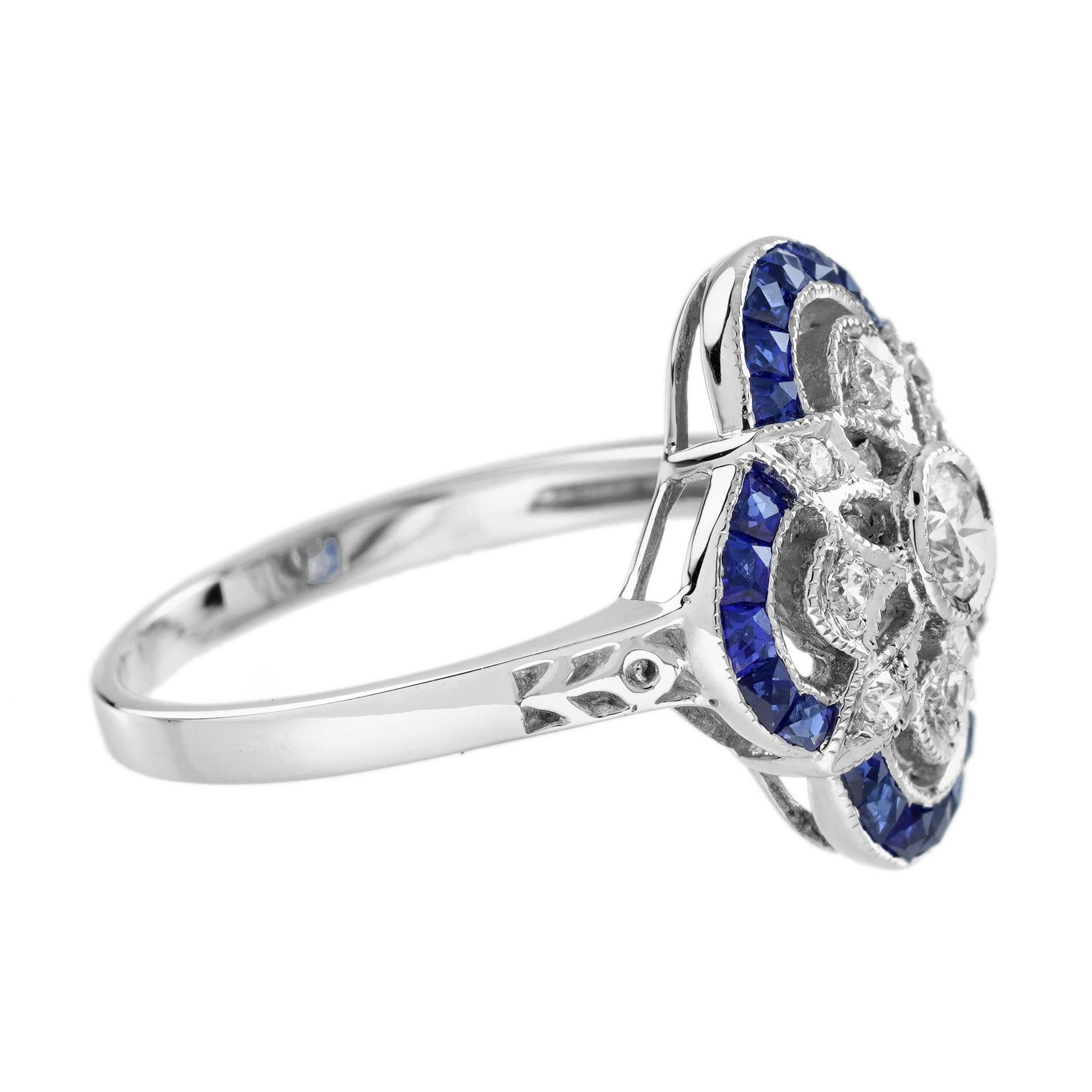 Anello floreale in stile Art Déco con diamanti e zaffiri in oro bianco 14 carati in vendita 2