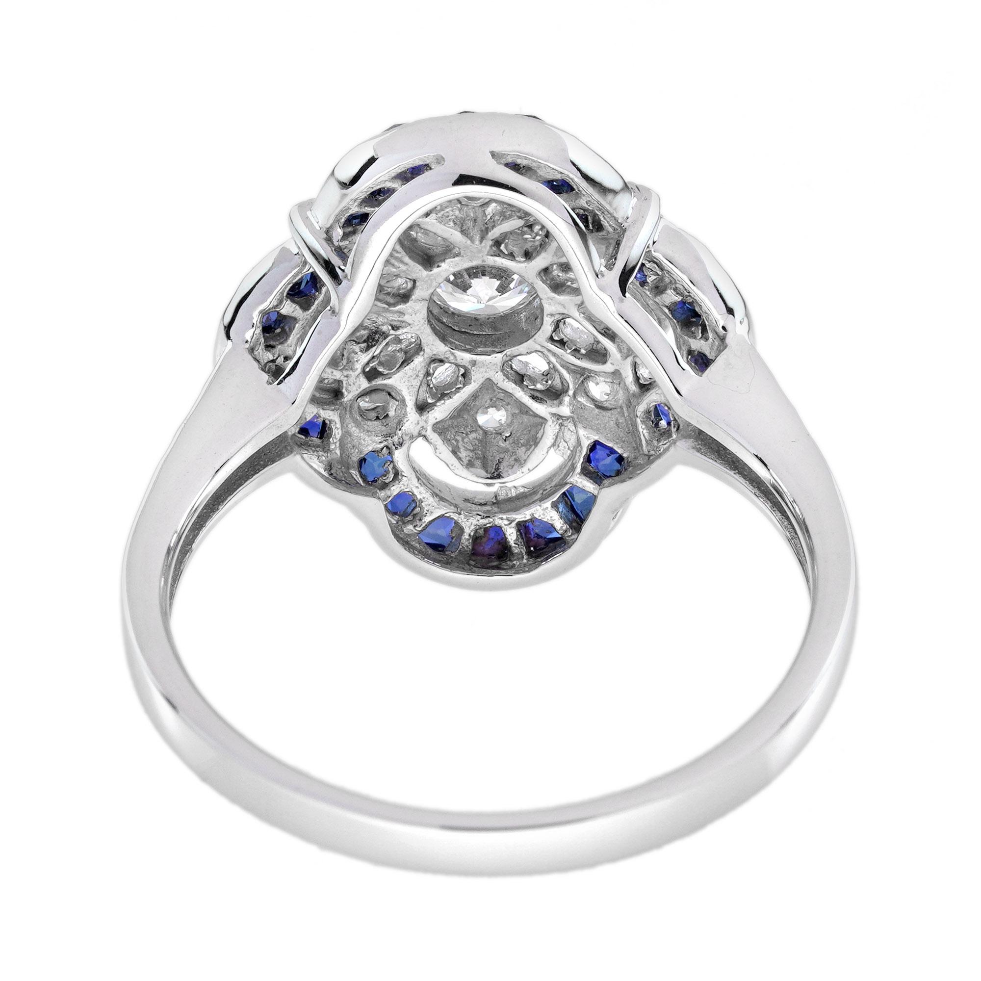Anello floreale in stile Art Déco con diamanti e zaffiri in oro bianco 14 carati in vendita 3