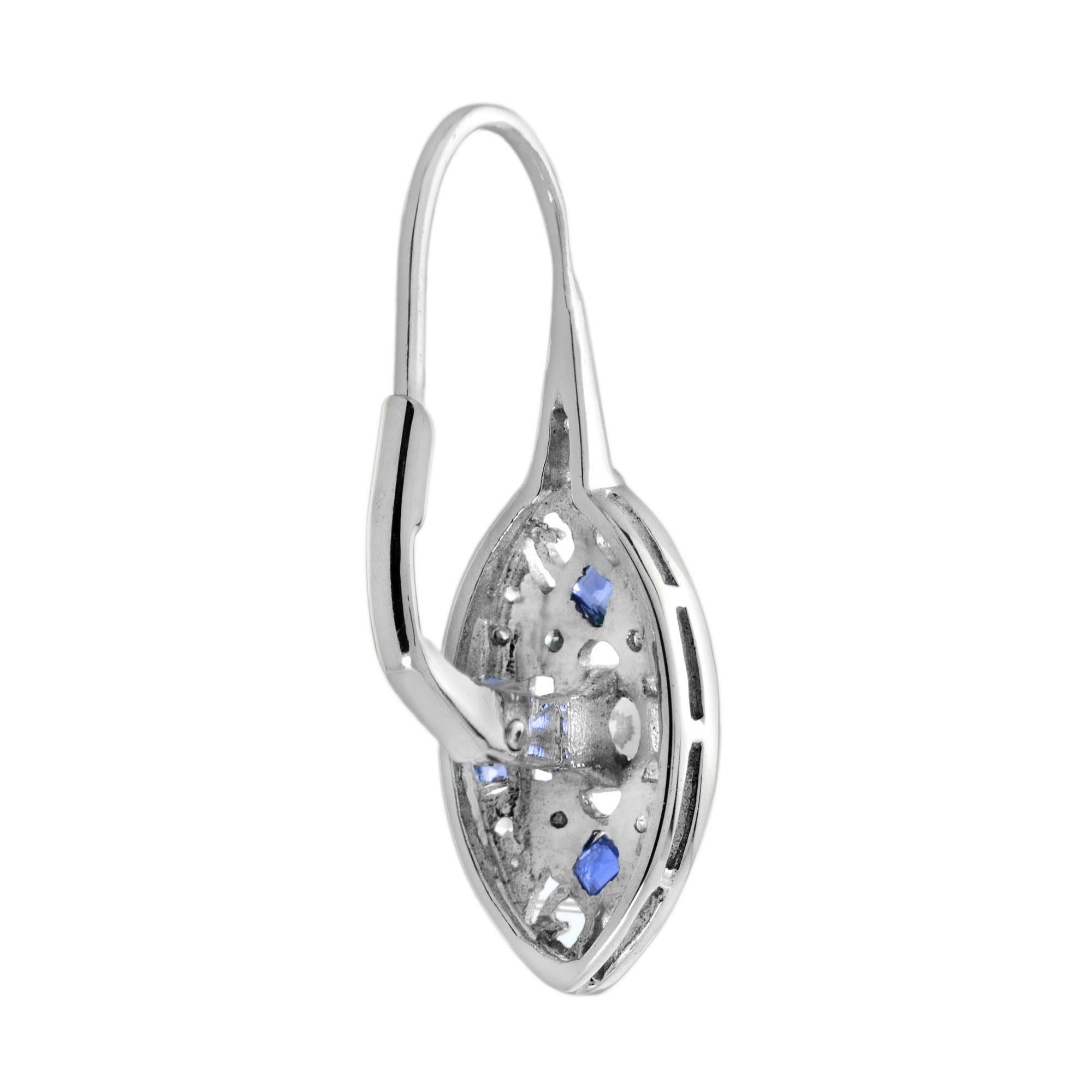 Art déco Boucles d'oreilles à levier en or blanc 14K avec diamants et saphirs de style Art Déco en vente