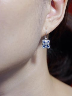 Diamond French Cut Sapphire Openwork Drop Earrings in 14K White Gold