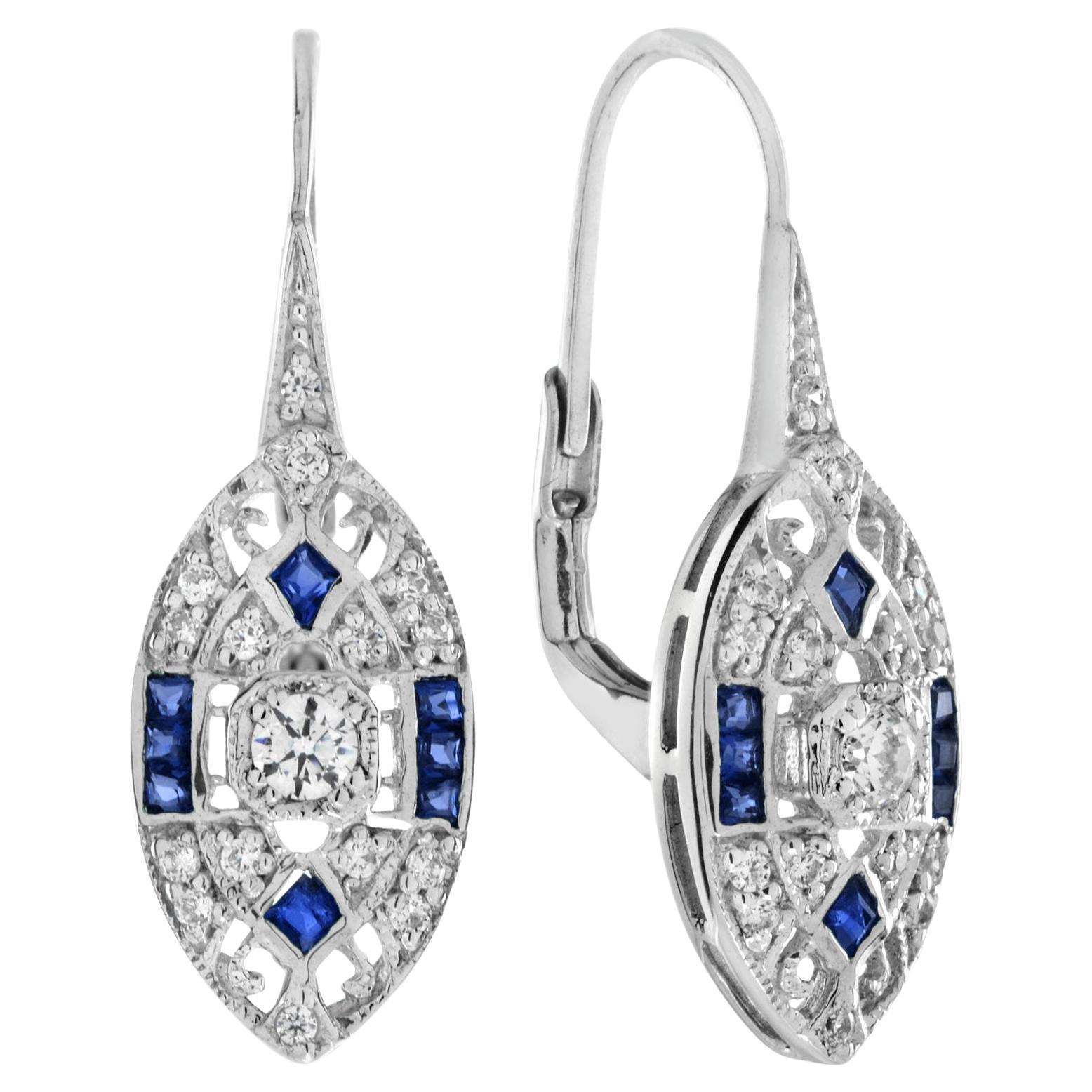 Diamond and Sapphire Art Deco Style Lever Back Earrings in 14K White Gold