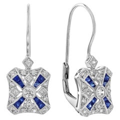Diamond and Sapphire Art Deco Style Lever Back Earrings in 14K White Gold