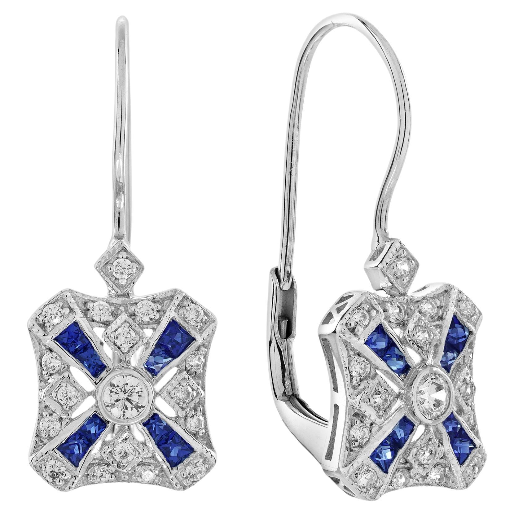 Diamant- und Saphir-Ohrringe im Art-Déco-Stil mit Hebelverschluss aus 14 Karat Weißgold im Angebot