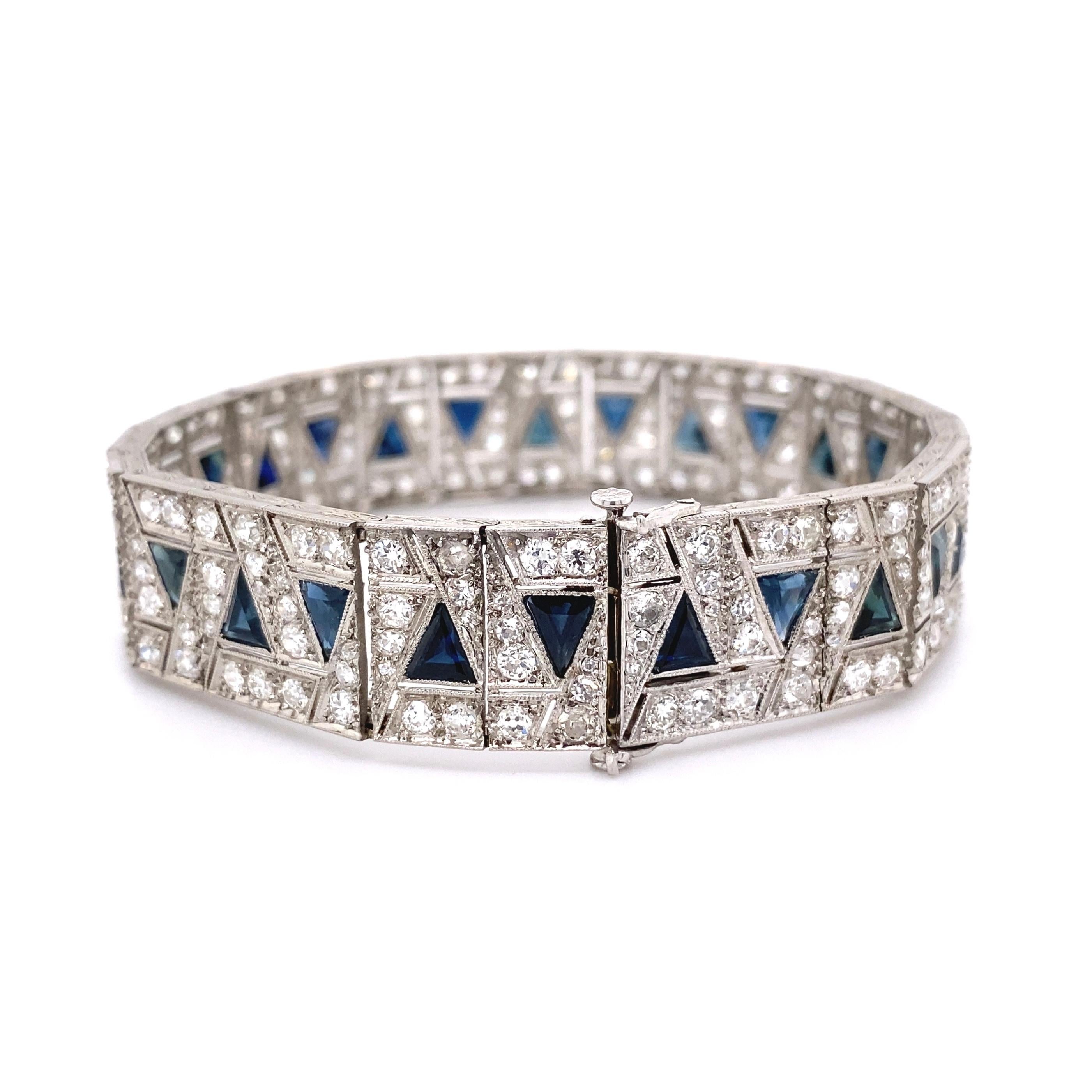 Women's Diamond and Sapphire Art Deco Style Platinum Bracelet Estate Fine Jewelry