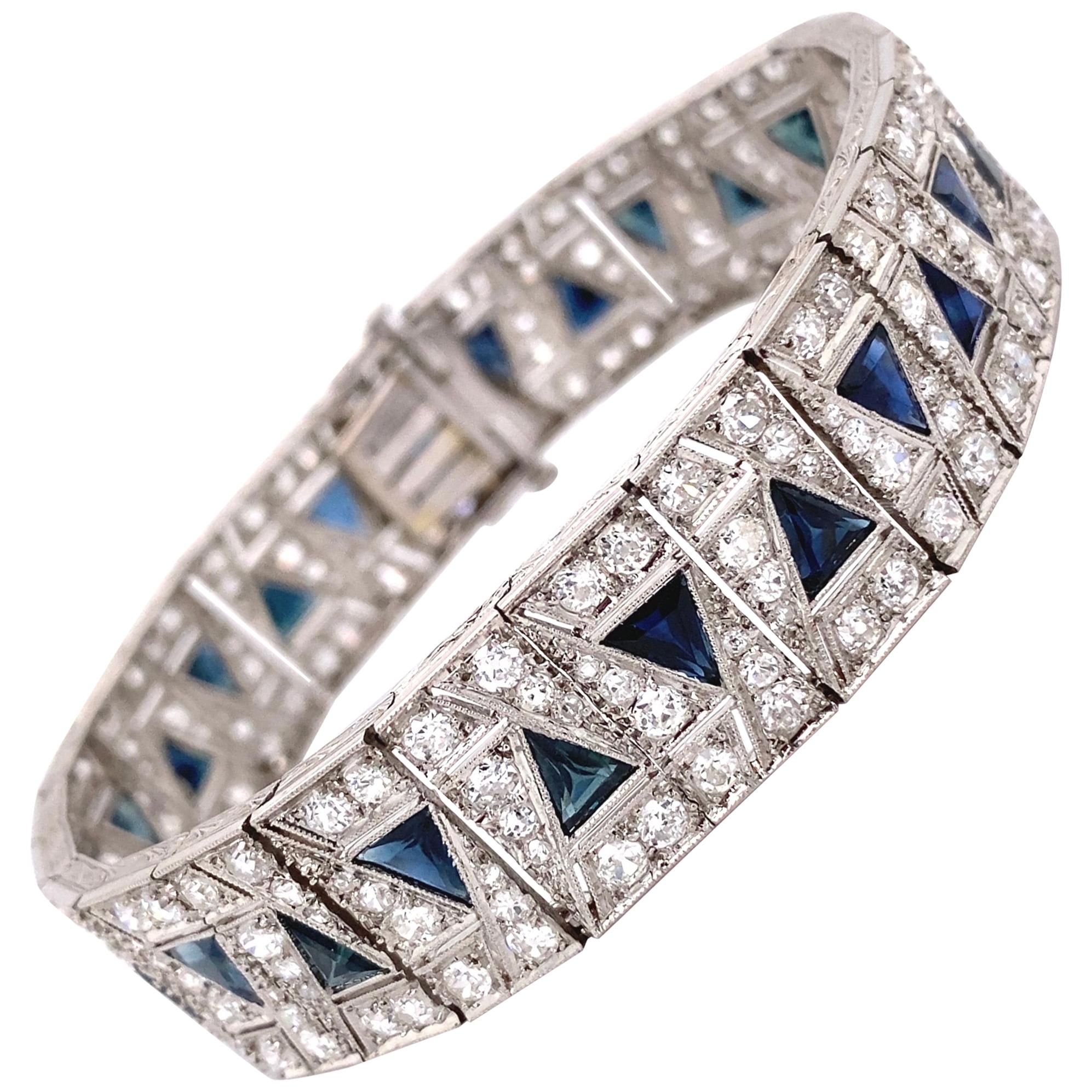 Diamond and Sapphire Art Deco Style Platinum Bracelet Estate Fine Jewelry