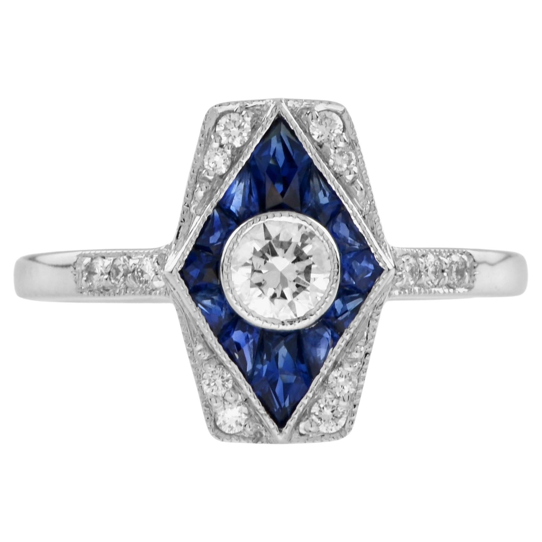 For Sale:  Diamond and Sapphire Art Deco Style Rhombus Engagement Ring in 18K White Gold