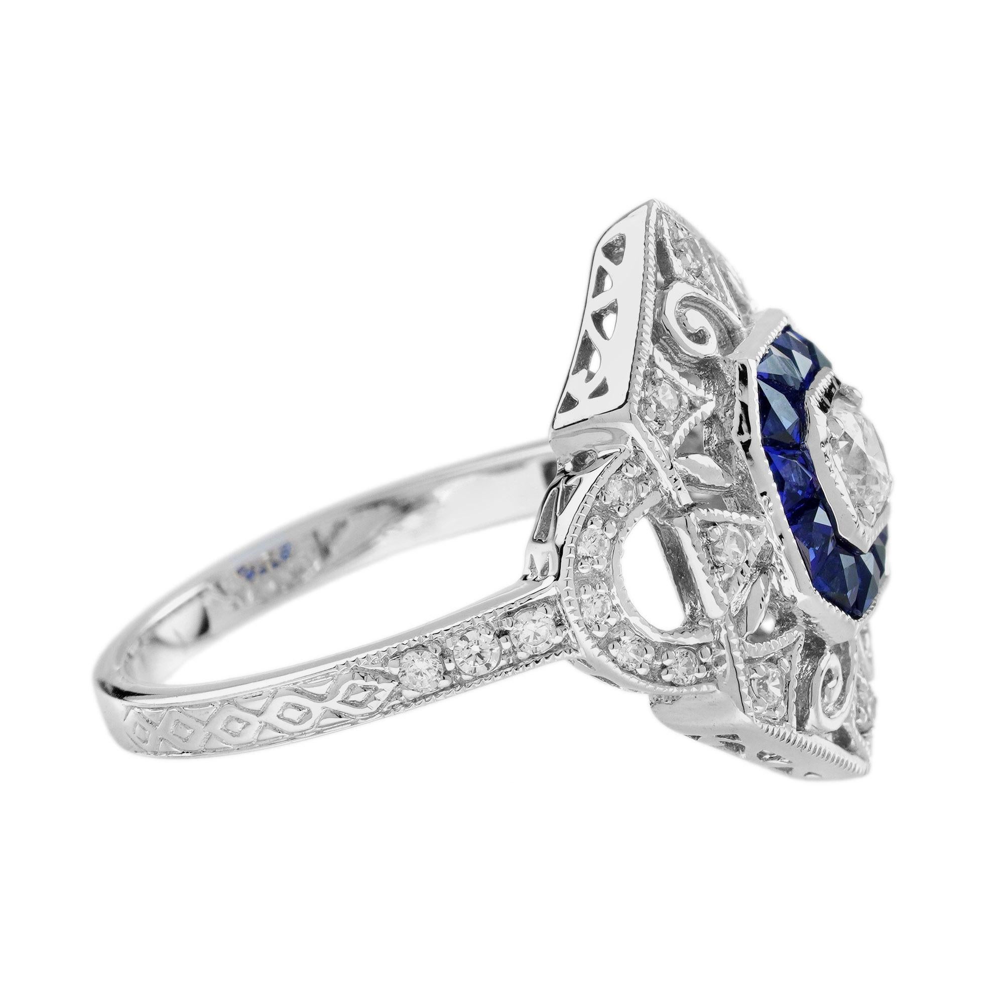 Diamond and Sapphire Art Deco Style Ring and Earrings Jewelry Set in 18K White G For Sale 5