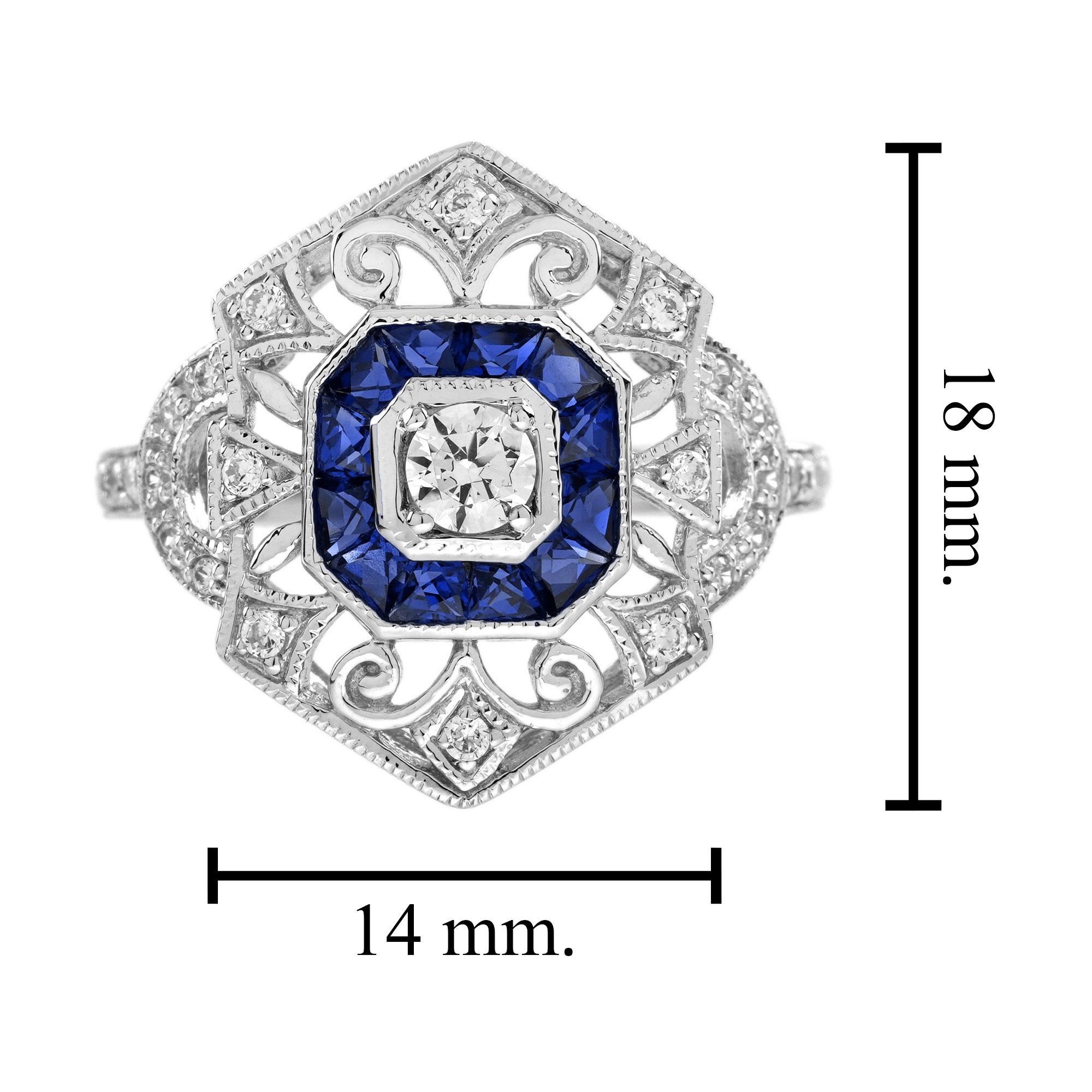 Diamond and Sapphire Art Deco Style Ring and Earrings Jewelry Set in 18K White G For Sale 8