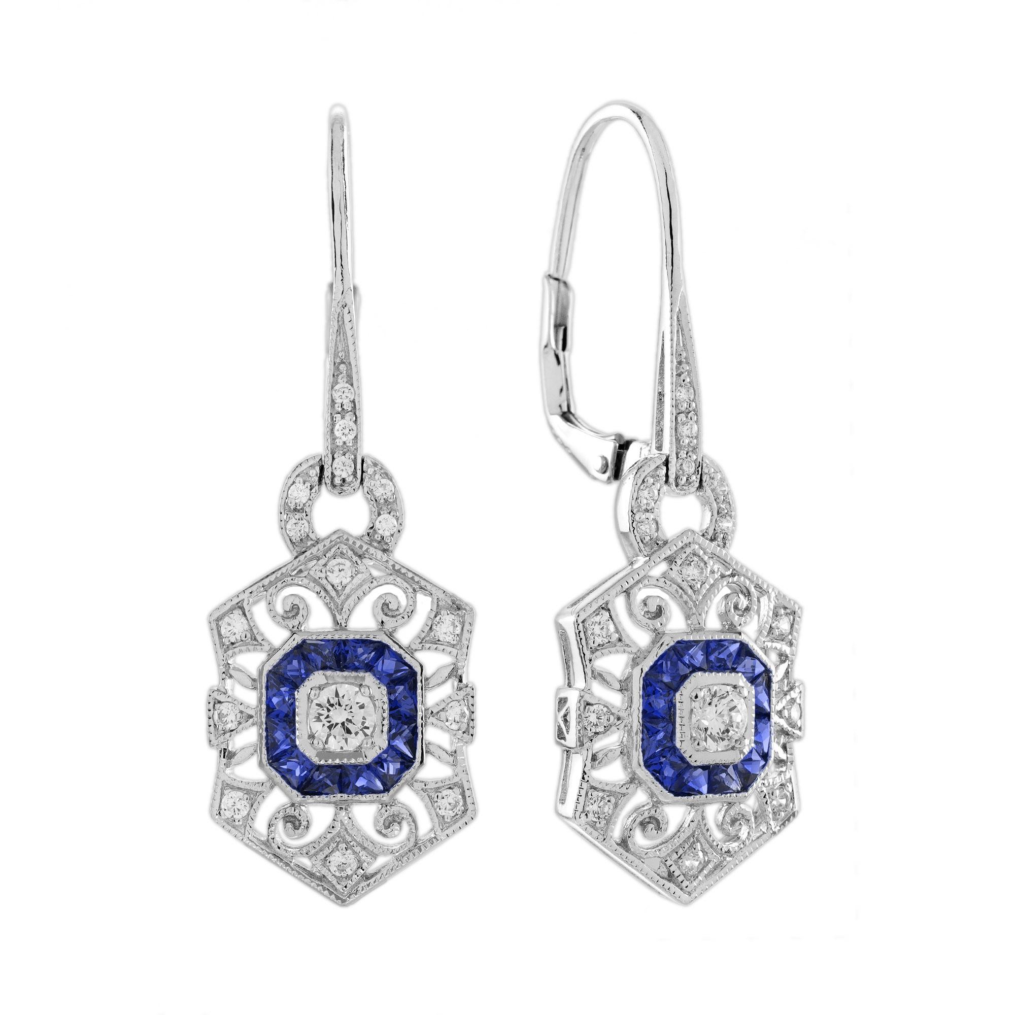 Round Cut Diamond and Sapphire Art Deco Style Ring and Earrings Jewelry Set in 18K White G For Sale