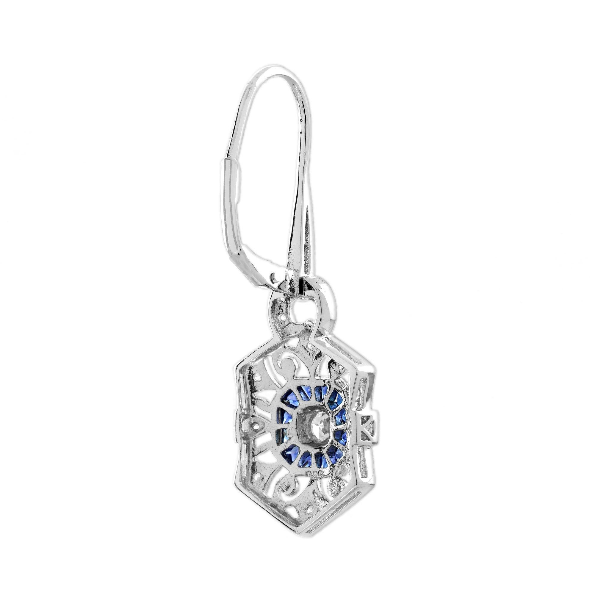 Women's Diamond and Sapphire Art Deco Style Ring and Earrings Jewelry Set in 18K White G For Sale