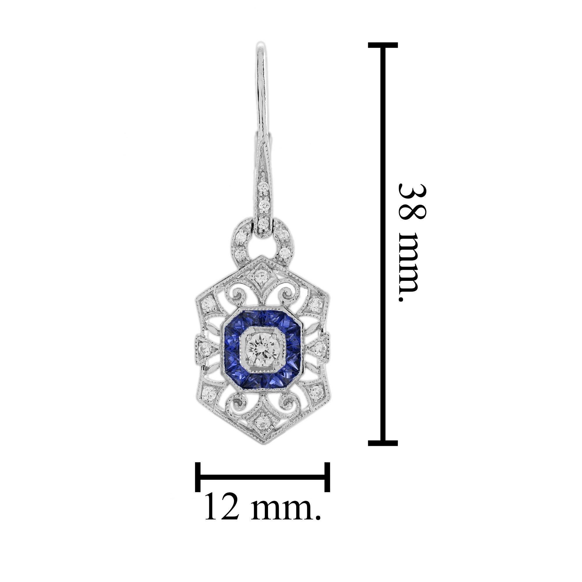 Diamond and Sapphire Art Deco Style Ring and Earrings Jewelry Set in 18K White G For Sale 1