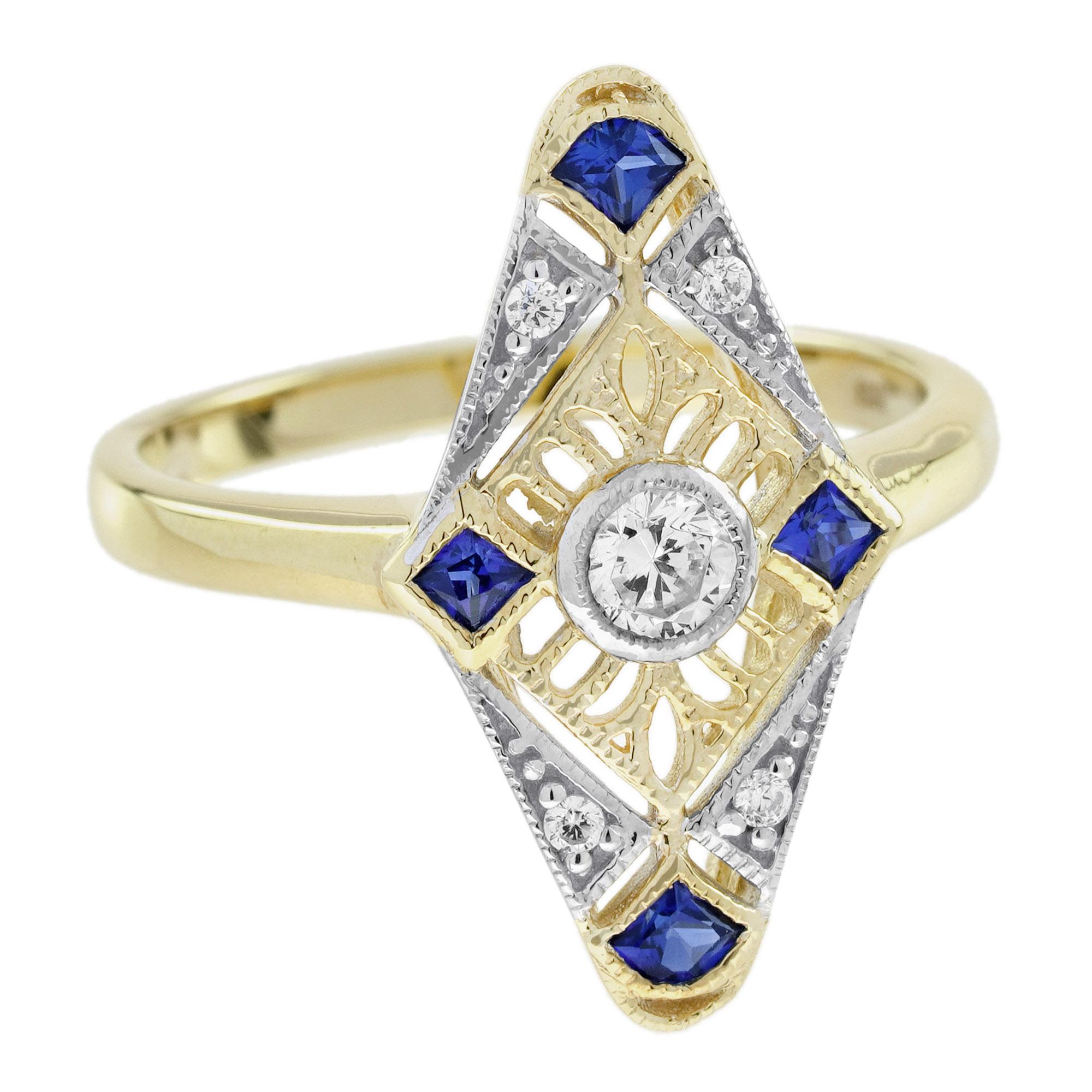 Elevate your look with this stunning Diamond and Sapphire Art Deco Style Ring. Featuring brilliant diamonds intertwined with deep blue sapphires set on an open-work setting, its bold geometric design captures the glamour and elegance of the Art Deco