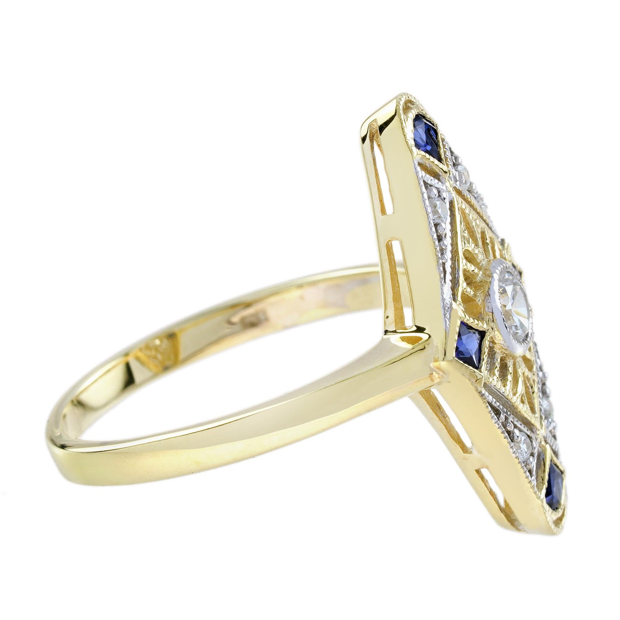 Round Cut Diamond and Sapphire Art Deco Style Ring in 14K Yellow Gold For Sale