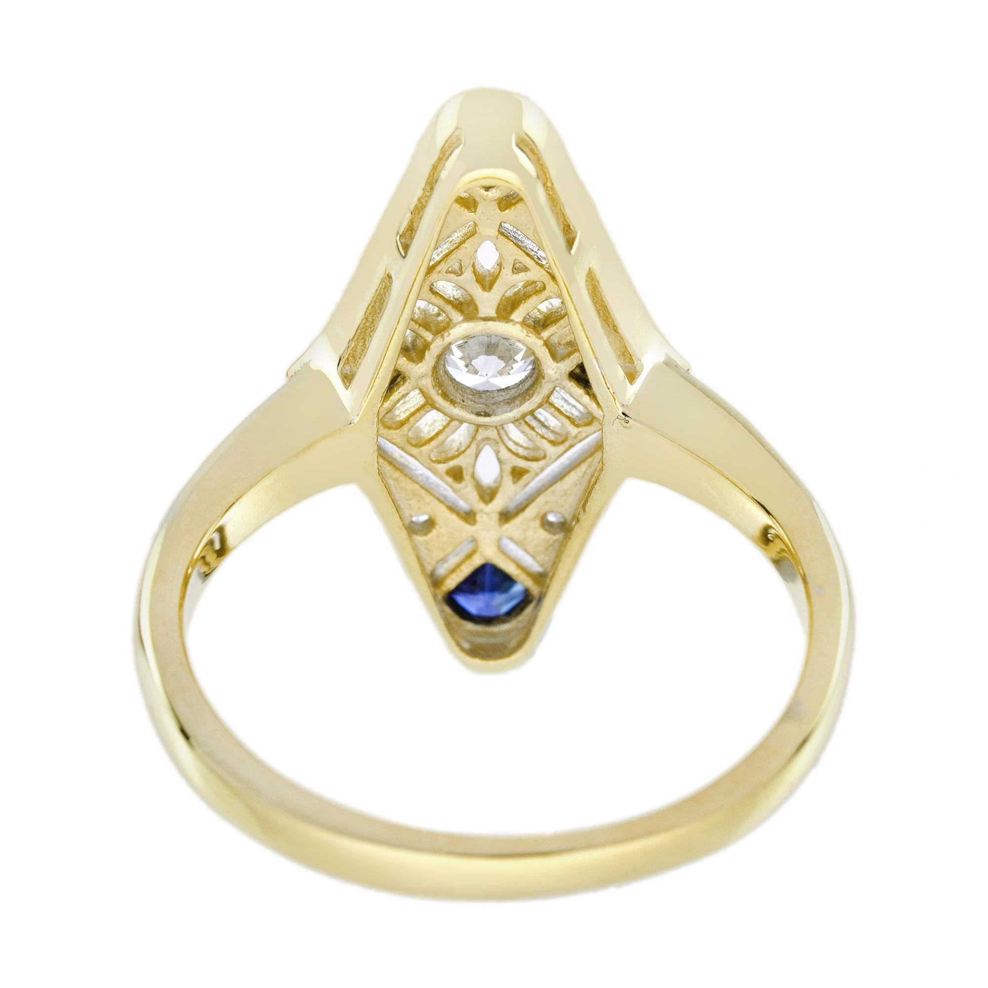 Diamond and Sapphire Art Deco Style Ring in 14K Yellow Gold In New Condition For Sale In Bangkok, TH