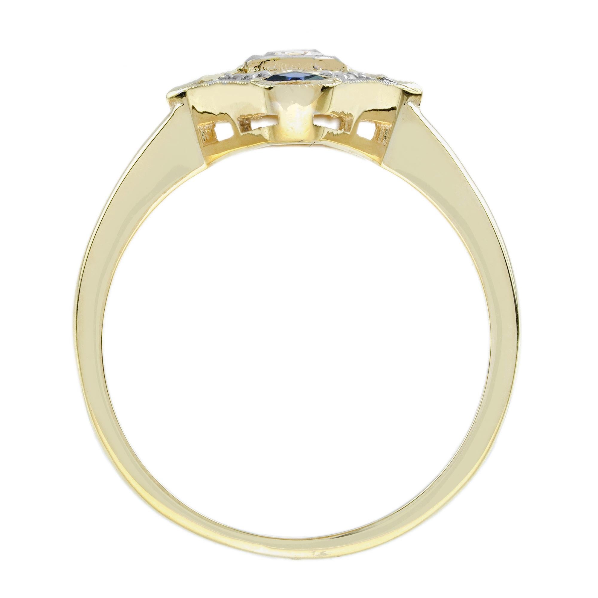 Women's Diamond and Sapphire Art Deco Style Ring in 14K Yellow Gold For Sale